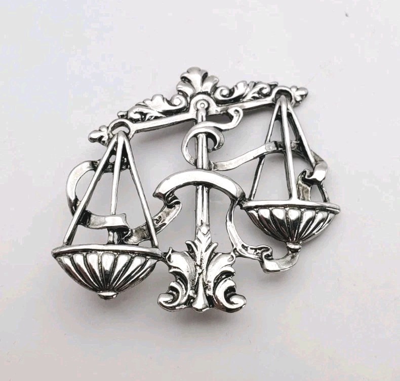 Vintage Cookie Lee Libra Scales Brooch Zodiac Horoscope Astrology Silver Tone 2″