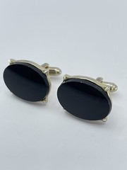 Vintage Black Onyx mens cufflinks oval gold tone bullet back 7/8″
