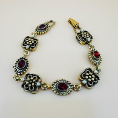 Vintage Victorian Revival Bracelet Red Rhinestone Gold Tone Faux Seed Pearl 6.2″