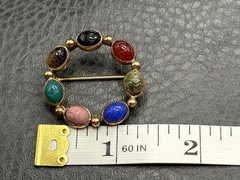 Egyptian Revival Vintage Gold Tone Semi Precious Stone Scarab Circle Brooch Pin