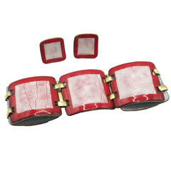 Set Copper Enamel Red White Vintage Bracelet Matching Screw Back Earrings MCM