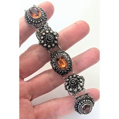 Antique PERUZZI Florence 800 Silver Ornate Rosette Faceted Citrine Link Bracelet