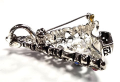 Estate Silver Tone & Rhinestone Christmas Tree Open Scroll Pendant Pin / Brooch