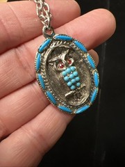 VTG Owl Pendant Necklace Turquoise Cabochon Silver Tone Southwest Style 24”