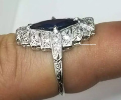 Mid-Century Marquise Shape Blue 2.00CT Sapphire & Old Cut 1.16CT CZ Vintage Ring