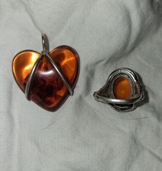 Vintage Sterling Silver Amber Puffy Heart Pendant & Sterling Amber Ring Sz 7.5