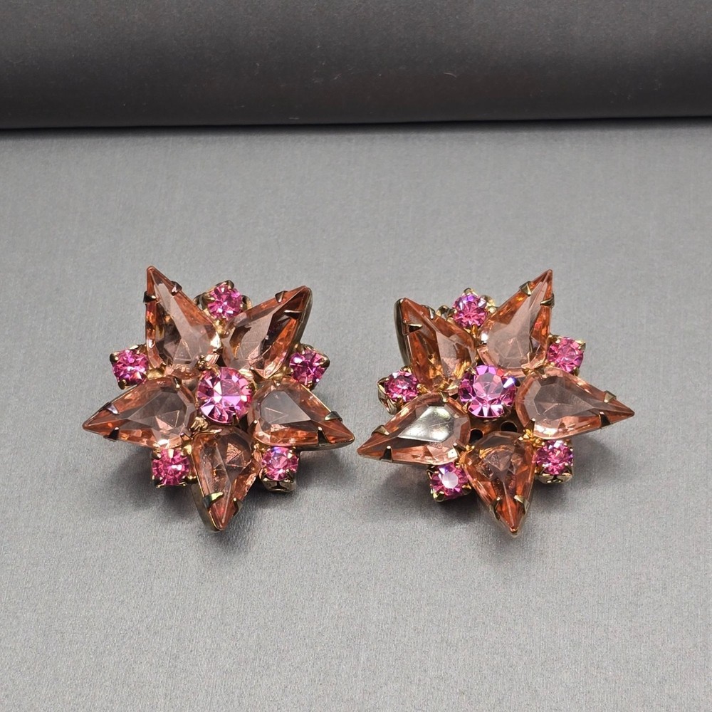 Vintage Pink Rhinestone Starburst Clip On Earrings Peach Mid Century Modern