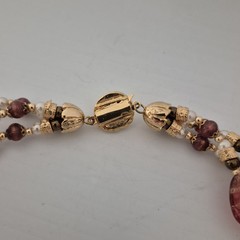 Vtg Estate Gold Foil Cranberry Leaf Pearl Glass Beaded Collar Necklace 3 Strand