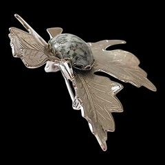 Vtg Jasper Stone Maple Leaf Brooch Pin Cabochon Silver Tone Autumn Harvest Fall