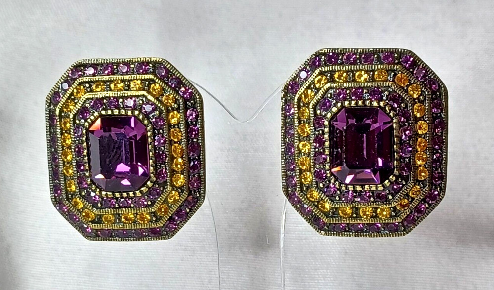 LaVINTAGE SIGNED ART DECO BRASSY PURPLE ORANGE GLASS STONES CLIP EARRINGS