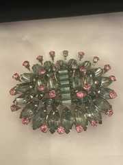 VTG Pale Green Navette Baguette Prong Set Brooch Pink Accents BUDDING FLOWER