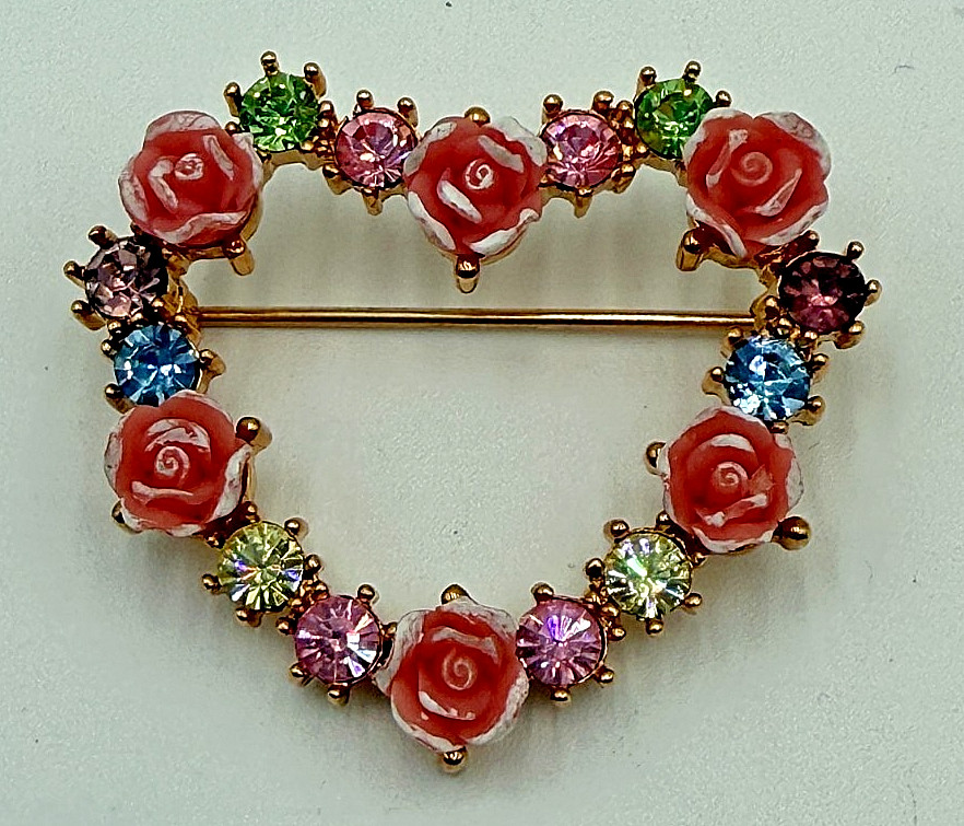 AVON JJJ Heart Shaped Floral Brooch Pink White Roses Multi Color Rhinestones