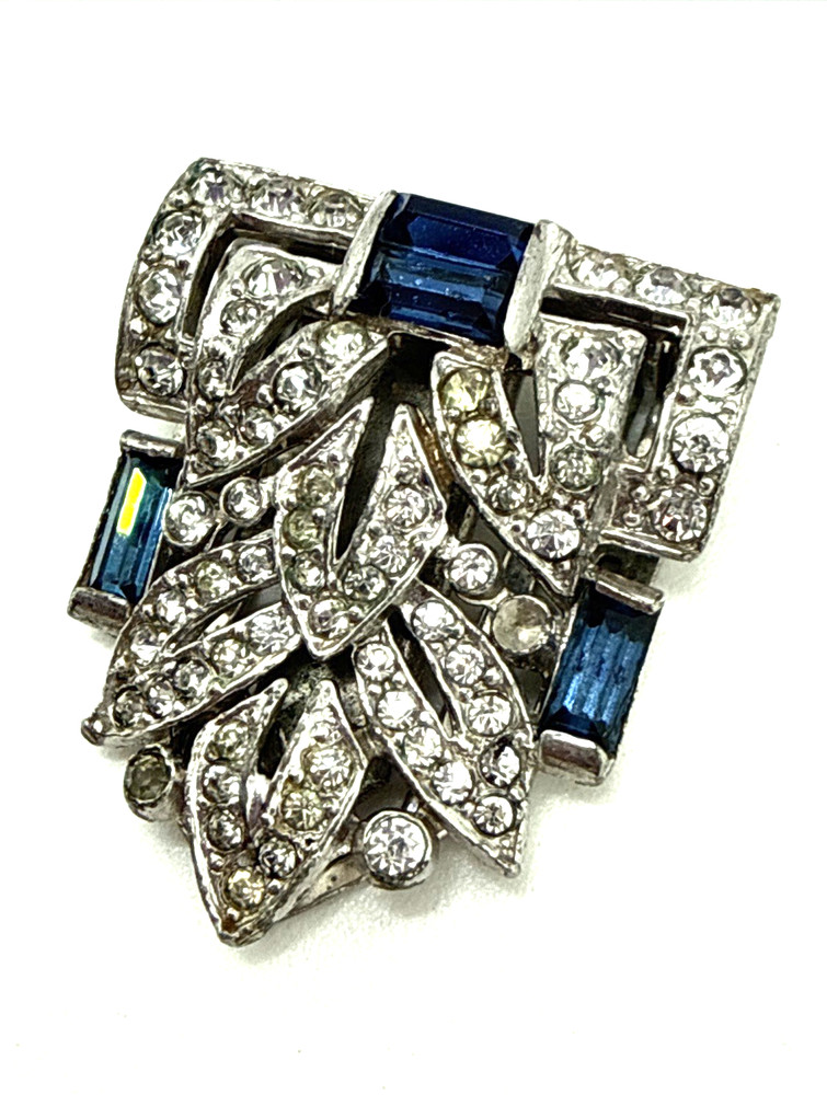 1930s CROWN TRIFARI Art Deco Alfred Philippe Dress Clip Blue Baguette Rhinestone