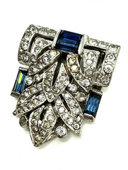 1930s CROWN TRIFARI Art Deco Alfred Philippe Dress Clip Blue Baguette Rhinestone