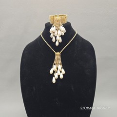 Vintage Clear Rhinestones and Faux Pearls Dangle Tassel Necklace & Bracelet Set