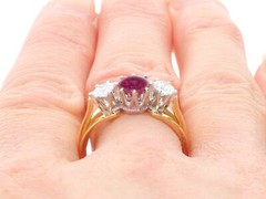 Antique and Vintage 1.29Ct Ruby and 0.60Ct Diamond 18k Yellow Gold Trilogy Ring