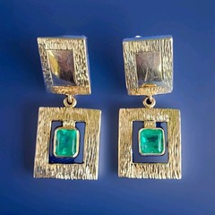 Original EARTH MINED EMERALD Deco Design Earrings Vintage Style Dangles 14K GOLD