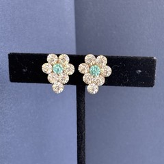 Vintage Crystal Rhinestone Flower Screw Back Earrings Aqua Blue Gold Tone