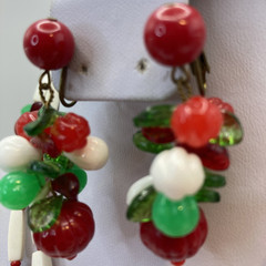 Fun! Red & White Plastic Fruit Salad 34″ Necklace W Dangle Clip Earrings Germany