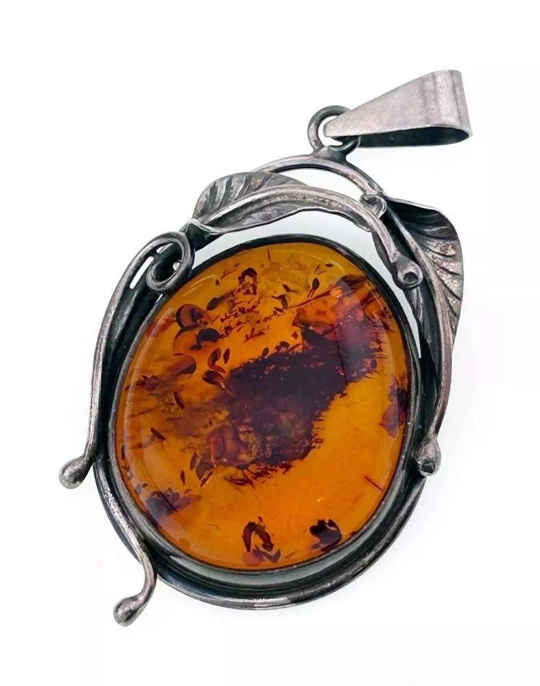 Natural Baltic Amber Organic Fossil 925 Silver Vintage Large Pendant Latvia 70s