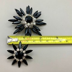 Vintage Judy Lee Brooch Earrings Set Black Navette Clear Rhinestone Flower
