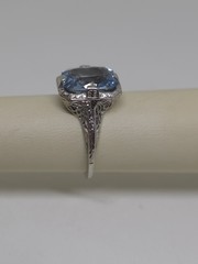 Edwardian 18k White Gold Synthetic Spinel Aquamarine Filigree Ring Size 4.75