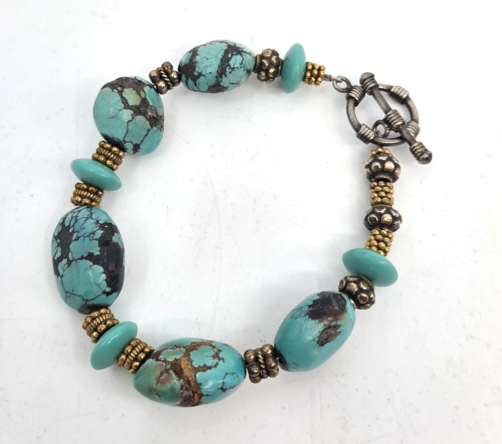 VTG Turquoise Nugget Sterling Toggle Closure and Spacer Beads 7″ Bracelet
