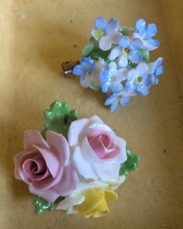 Vintage Adderley Bone China Brooch Lot 2pc England Floral Rose Forget-Me-Not