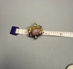 Coro Pin Faux Pink Fire Opal Aqua Rhinestone Gold Plated Mid century Vintage .9”