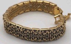 Vintage Gold Tone Filagree Link Open Work Slide Over Woven 7″ Mesh Bracelet Gift