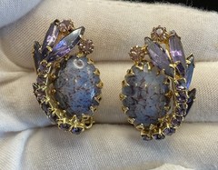 VTG HOBE Signed Purple Glass Cabochon With Rhinestone Brooch & Earring Set RARE