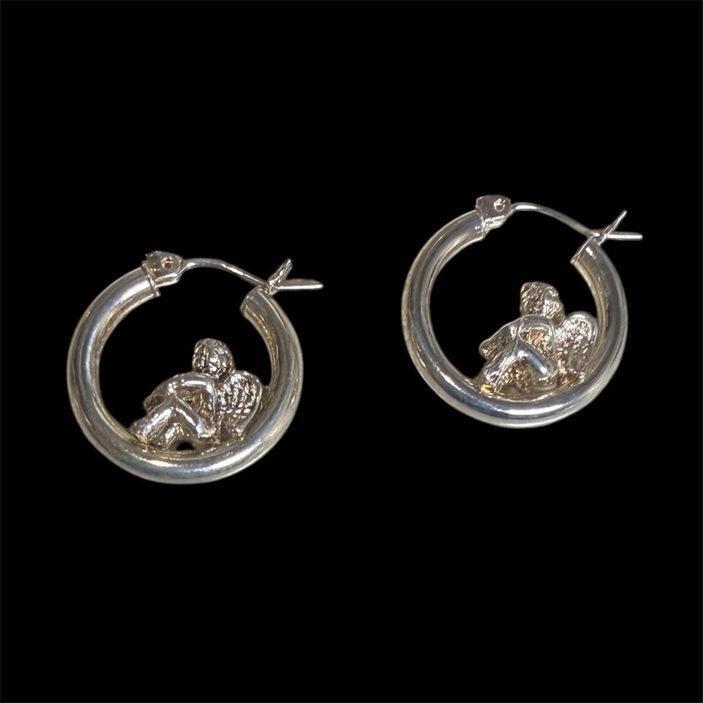 Vintage Avon Sterling Silver Cherub Pierced Hoop Stamped 925 Earrings