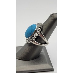 Blue Stone Faux Turquoise Cabochon Statement Ring Dyed Howlite Silver Plated