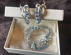 Vintage Silver tone Aurora Blue Clip Earrings Brooch Pin Leaf Wedding Gift