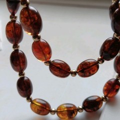 Vtg Mid-Century Faux Amber Lucite Necklace Statement Rootbeer Barrel 24″ 30g