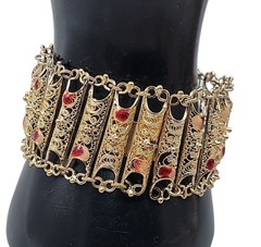 Vintage Italian 800 Silver Gold Plated Filigree Panel Bracelet 7.25″ Red Enamel