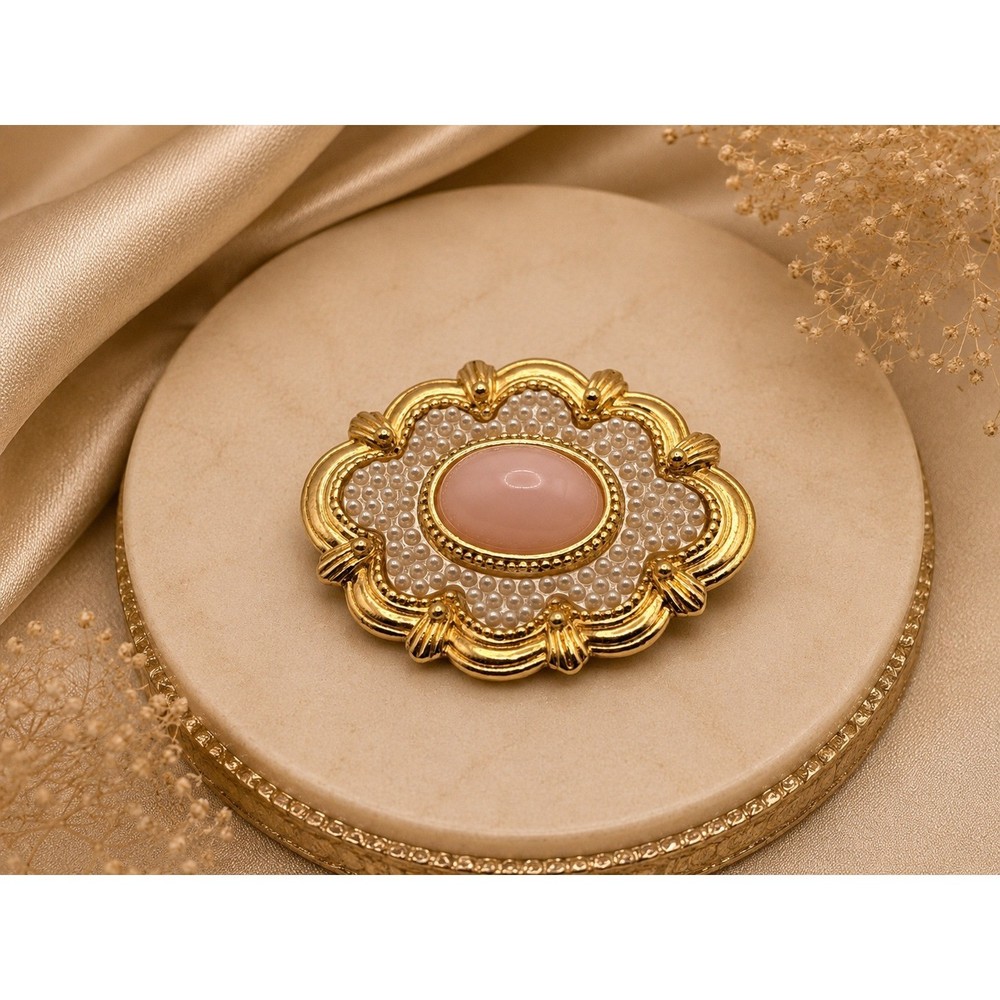 Vintage Gold Tone Scalloped Brooch Pin Pink Cabochon Faux Seed Pearl 2 Inch