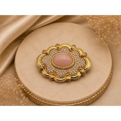 Vintage Gold Tone Scalloped Brooch Pin Pink Cabochon Faux Seed Pearl 2 Inch