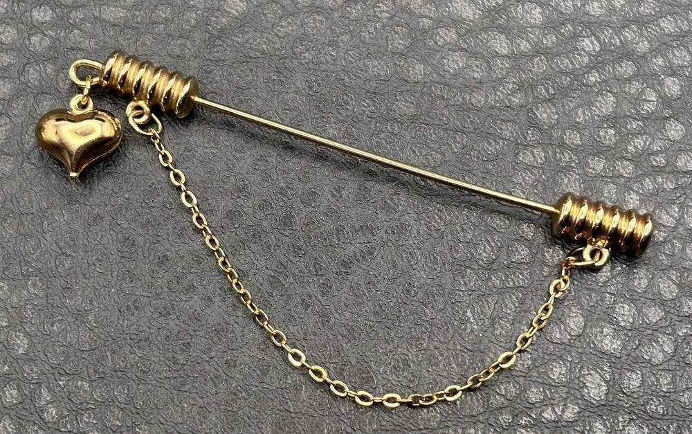 Vintage Gold Tone Stick Pin with Heart Charm Dangle & Chain