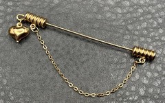 Vintage Gold Tone Stick Pin with Heart Charm Dangle & Chain