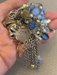 80s Vintage Signed Joe Gladish Brooch Glass Flower Beaded Rhinestone Chains 4.5″