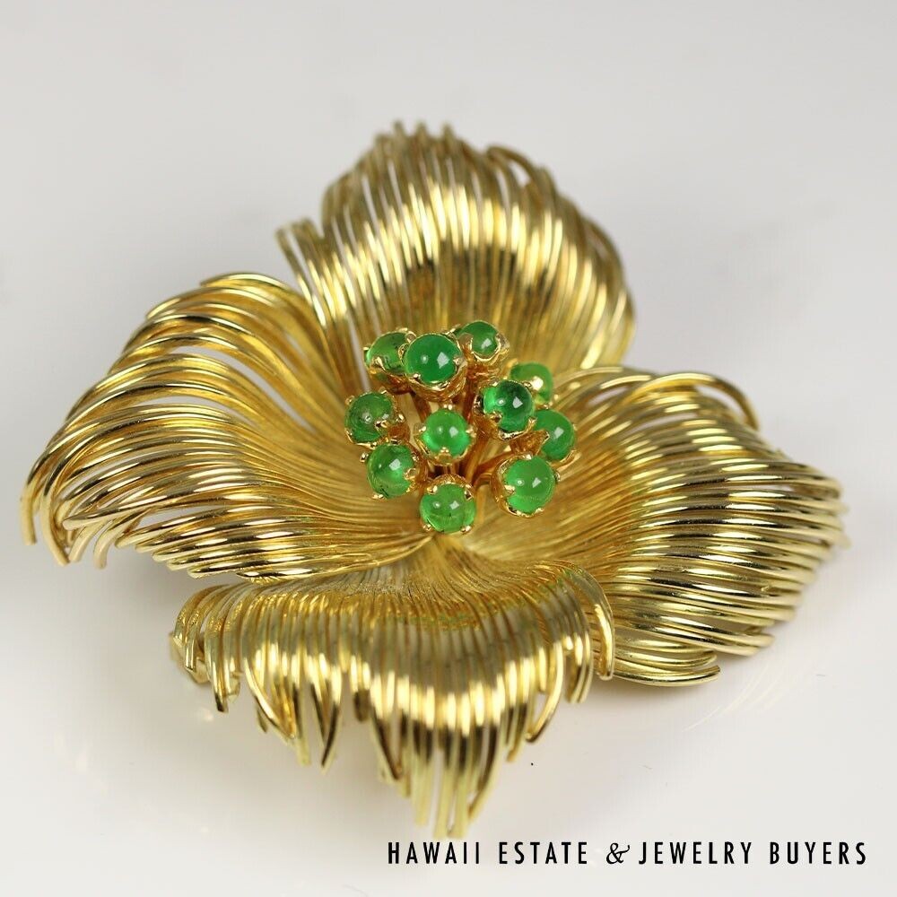 2ctw Emerald Flower Brooch 18K Yellow Gold Hand Fabricated 41.4g