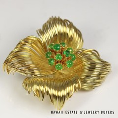 2ctw Emerald Flower Brooch 18K Yellow Gold Hand Fabricated 41.4g