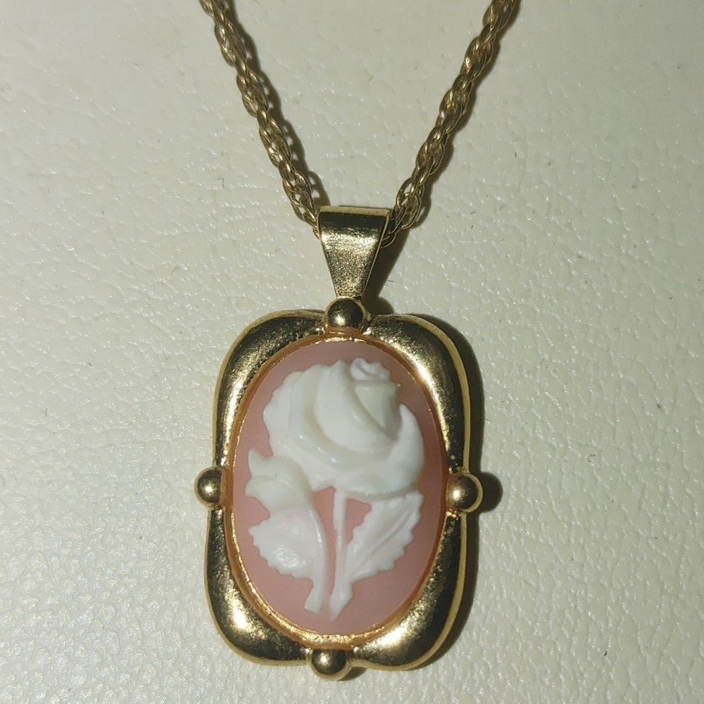 Crown Trifari Necklace Stamp Floral Cameo Pendant Gold Toned Vintage 1950 1970s