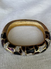 Lanvin Paris Hinged Bangle Bracelet Enamel Gold tone Rhinestone