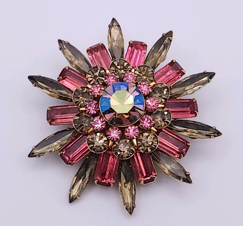 Vintage Judy Lee Pink Olive Green Rhinestone Atomic Style Starbust Brooch MCM