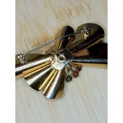 Vintage Retro Gold Tone Bow Brooch Aqua Blue Rhinestone Mid Century Statement