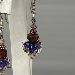 Glass Beaded Dangle Drop Earrings Blue Purple Lampwork Murano Style Pierced 1.5″