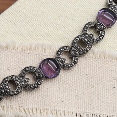 PAJ BB Purple Bracelet Silver Link Art Deco Style Marcasite Glass Amethyst
