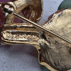 Vintage Swoboda Jade Mushroom Brooch Gold-tone Orange Cabachons 1.5 Inches